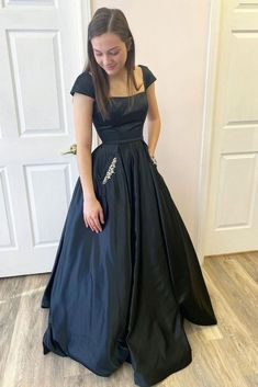 Black Satin Prom Dress, Prom Dress 2022, Custom Prom Dresses, Satin Long Prom Dress, Simple Evening Dress, 2022 Prom Dresses, Black Caps, Prom Dresses 2022, Prom Dress Black