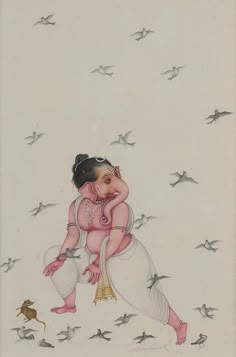 a painting with birds flying in the sky and a woman holding a baby on her lap