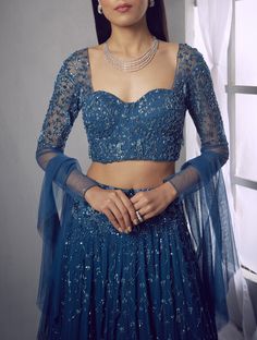 Dark Blue Lehenga, Modern Blouse Designs, Full Sleeves Blouse Designs, Lengha Blouse Designs, Netted Blouse Designs, Wedding Lehenga Designs, Lehenga Blouse Designs