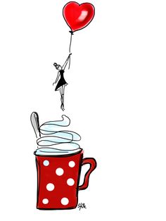 a drawing of a person holding a heart balloon above a coffee cup with whipped cream in it