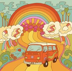 the van is driving down the road in front of a rainbow colored sky and clouds