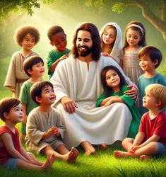 a painting of jesus surrounded by children