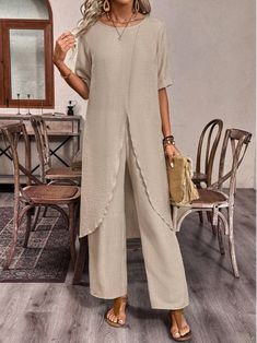 Buy Inexpensive Two-Piece Sets at Zolucky online store, SPU: 294OTW5E1521, Color: Khaki, Waistlines:Natural, Neckline:Crew Neck. High Low Top Outfit, Top With Pants, Stylish Outfits For Women Over 50, Sets Summer, Kurti Designs Latest, Pant Suits, Jumpsuit Elegant, Two Piece Pants Set, Comfy Clothes