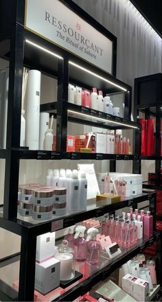 the shelves are filled with different types of beauty products