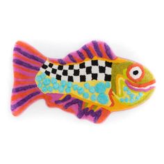 a colorful fish with black and white checkerboard on it's back side