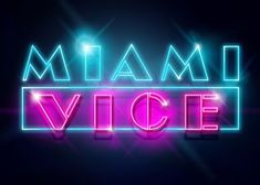 the miami vice logo is shown with neon lights in front of it on a dark background