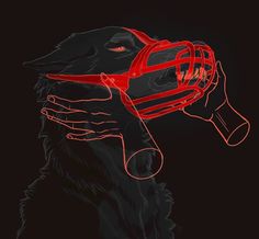 a drawing of a dog holding a red object in its mouth