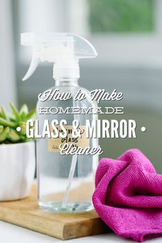 a bottle of glass and mirror cleaner next to a potted plant on a table