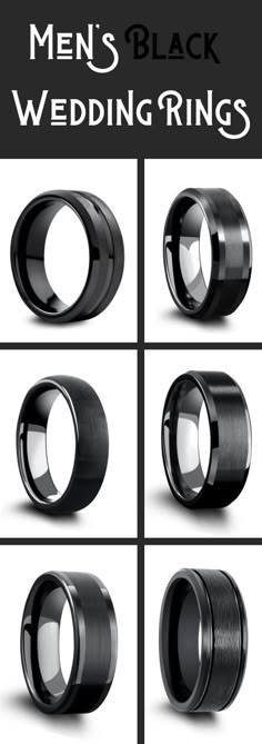 men's black wedding rings are shown in four different styles and sizes, including the center