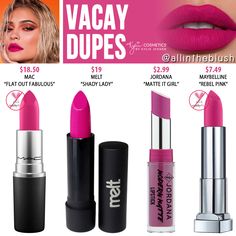 KYLIE COSMETICS VACAY LIPSTICK DUPES Jordana Lipstick, Kylie Cosmetic, Diy Lip Balm, Creme Lipstick, Best Lipsticks, Trendy Makeup, Kat Von, Pink Eyes