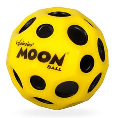 a yellow and black ball with the word moon written on it's side, in front of a white background