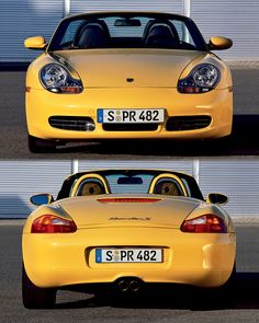 two pictures of a yellow sports car parked in front of a garage door with the number plate s p r 4802