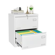 an office file cabinet with two drawers and a plant on top of the file cabinet