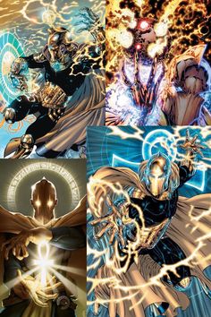 four different images of the same character from dc comics, including one with an iron man and