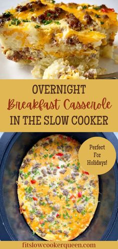 overnight breakfast casserole in the slow cooker with text overlay that reads overnight breakfast casserole in the slow cooker