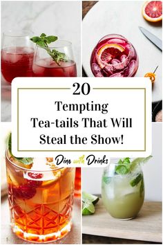 Collage of 4 tea cocktails. Tea Cocktails Non Alcoholic, Tea Alcohol Drinks Cocktails, Alcohol Infused Food Recipes, Jasmine Tea Cocktail, Tea And Gin Cocktail, Edible Flower Cocktails, Boozy Tea Drinks, Boozy Tea Party Ideas, Mocktails For Tea Party