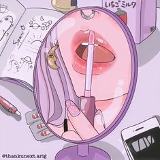 an illustration of a woman's reflection in a mirror with makeup and cosmetics on the table