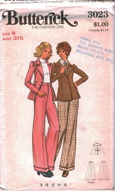 Sewing Pattern Butterick Jacket / Pants Publication Year: 1970s Pattern Condition - CUT - Please see missing piece policy below Cover Condition - Worn / Discolored / Mildly Torn Pattern Number: 3023 SIZE: 8 Please watch for straight pins in our cut patterns. I do try to pull them out, but I am sure I miss them occasionally. Thank you for looking at my listing! Please check out my other auctions for more great vintage and new sewing patterns. I love to combine shipping and accept best offers on m 70s Sewing, 1970s Jacket, 70s Sewing Patterns, Vintage Clothes Patterns, Outfit Drawing, I Miss Them, 1970's Fashion, Fashion Reference, 60s And 70s Fashion