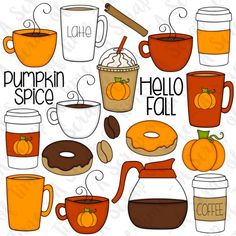 pumpkin spice and fall coffee clipart set with mugs, donuts, hot chocolate