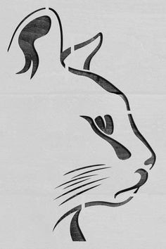 a black and white drawing of a cat's face with its tail curled up