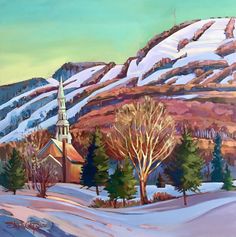 a painting of a church in the mountains with trees and snow on it's ground