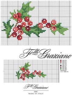 cross stitch pattern with holly and red berries on the side, in two different colors