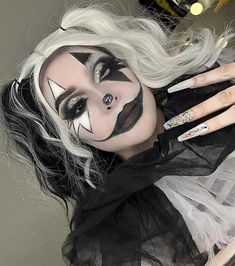 Clown Pigtails, Black And White Jester Makeup, White And Black Clown Makeup, Aries Costume, Black And White Clown Makeup, Clown Makeup Aesthetic, Goth Clown Makeup, Black Goth Makeup, Puppet Makeup