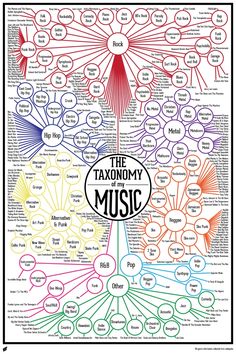 the anatomy of music poster with words and pictures on it, including an image of various types