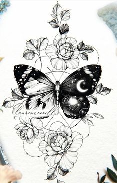 a drawing of a butterfly with flowers on it