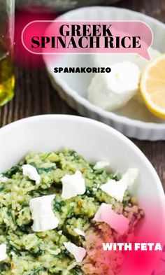 greek spinach rice with feta and lemon in a white bowl on a wooden table