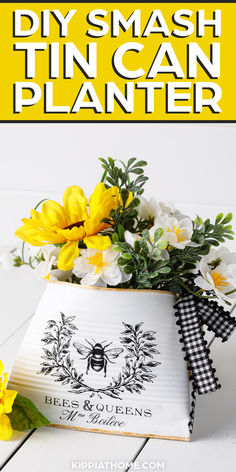 smashed tin can with flowers inside Dip Can Crafts, Smashed Tin Can Crafts Diy, Tin Can Flower Arrangements, Tin Cans Ideas, Tin Can Garden Ideas, Flowers In Tin Cans, Tin Can Crafts Diy, Tin Can Plant Pots, How To Flatten Tin Cans