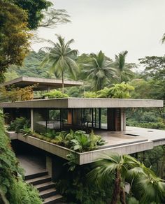 the house is surrounded by lush vegetation and trees