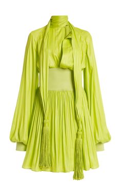 Shop the Green Tassel-Detailed Chintzed Mini Dress by Bottega Veneta and more new designer fashion on Moda Operandi. Mini Dress Runway, Fashion Png, Green Dresses, Runway Dresses, Blouson Dress, Clothing Websites, Neck Ties, Silk Maxi Dress, Balloon Sleeves