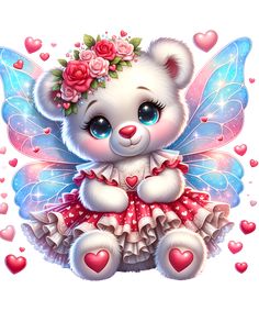 a white teddy bear wearing a pink dress with hearts on it's chest and wings