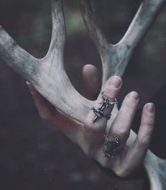 a person holding some kind of ring with antlers on it's thumb and fingers