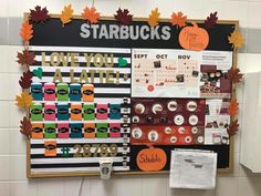 a bulletin board that has been decorated with fall leaves and other things to do on it