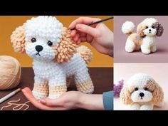 crochet poodle stuffed animal made with yarns and needles, in three different pictures