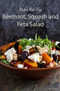 beetroot, squash and feta salad in a brown bowl on a table