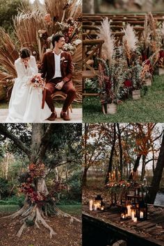 a couple is sitting on a bench in front of some trees with candles and flowers