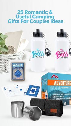 two white water bottles and several other items in front of the words, 25 romantic & useful camping gifts for couples ideas