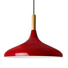 a red hanging light with a wooden stick sticking out of it's center piece