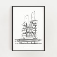 a black and white drawing of a building with lots of blocks on the top floor