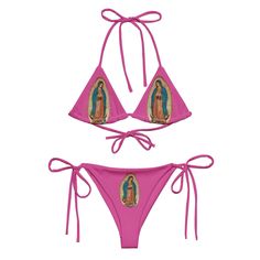 Our Pink Virgin Mary Print ♡Adjustable triangle cups ♡Flexible bikini straps ♡Soft and stretchy material with UPF 50+ ♡Double-lined to prevent sheerness ♡Machine wash delicate, hang dry ♡An Exclusive Original Print Pink Triangle Swimwear, Pink Virgin Mary, Marie Rose, Our Lady Of Guadalupe, Lady Of Guadalupe, Our Lady, Virgin Mary, Original Prints, Upf 50