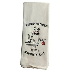 a white towel with an image of a cat in the bathtub and text that reads proud member of the maughy list