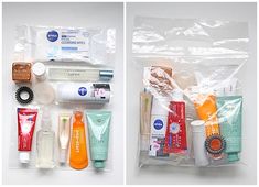 the contents of a personal care bag are shown in two separate images, including toothbrushes, sunscreen and lotion