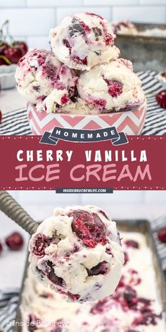 homemade cherry vanilla ice cream in a bowl