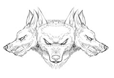 three wolf heads with their eyes closed