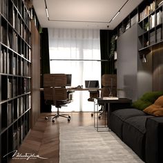 a living room filled with lots of bookshelves next to a desk and chair