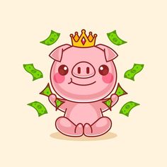 a pink pig with a crown sitting on top of money