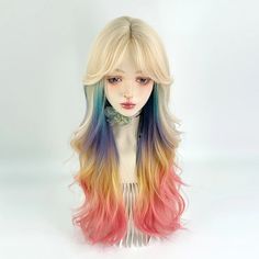 Transform your look with our Blonde Ombre Rainbow Wig. Its colorful and playful design will make you feel beautiful every day. With stunning blonde to rainbow ombre, curtain bangs, and wavy texture, this long and cute wig is sure to turn heads! 🌈 Description: Material Grade: High-Temperature FiberOrigin: CNTexture: WavyWig Length: Long (26+ inches)Cap Size: Average SizeCan Be Permed: YesStyle: Wig with Bangs Rainbow Hair Wig, White And Rainbow Hair, Rainbow Blonde Hair, Ombre Curtain Bangs, Wigs Rainbow, Wig Snatched, Red Wig With Bangs, Styles Wigs, Wavy Rainbow